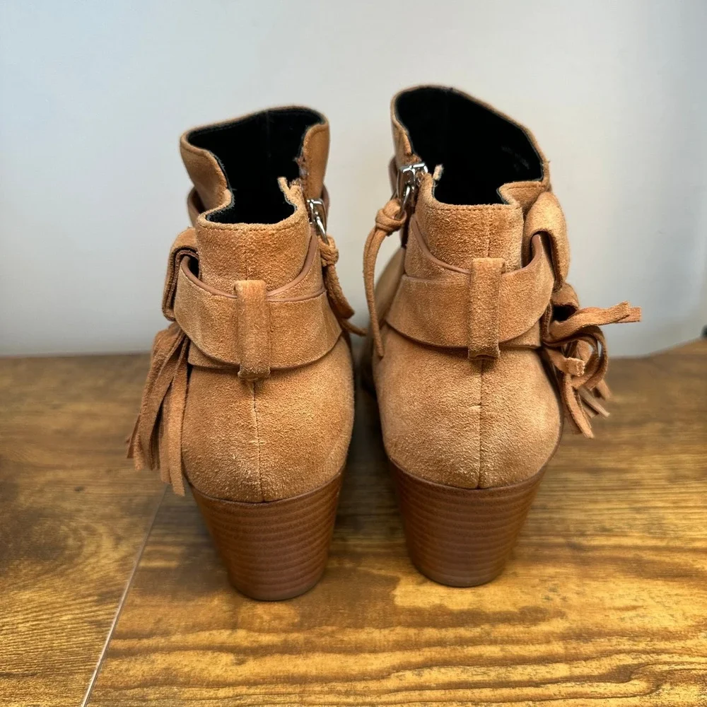 Rebecca‎ Minkoff Womens Tan Suede Fringe Ankle Boots Stacked Heel Size 8.5M